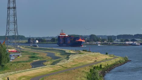 large container ships at sea loaded with containers for offshore supply, hazy sky due to climate change, sea pollution, aerial shot