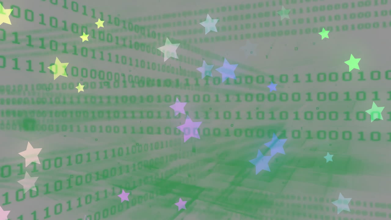 Binary code and colorful stars animation over green abstract background