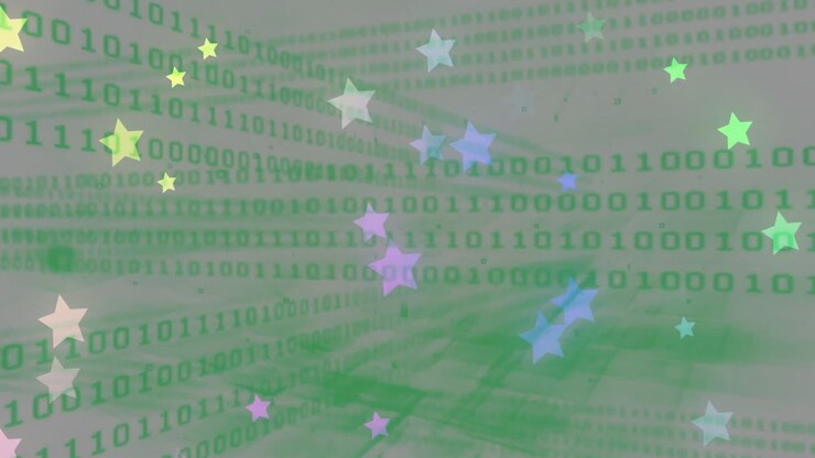 Binary code and colorful stars animation over green abstract background