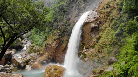 4k-Aerial-Crane-shot-Flying-near-Rainbow-Waterfalls-in-Cheerapunji,-Meghalaya,-India