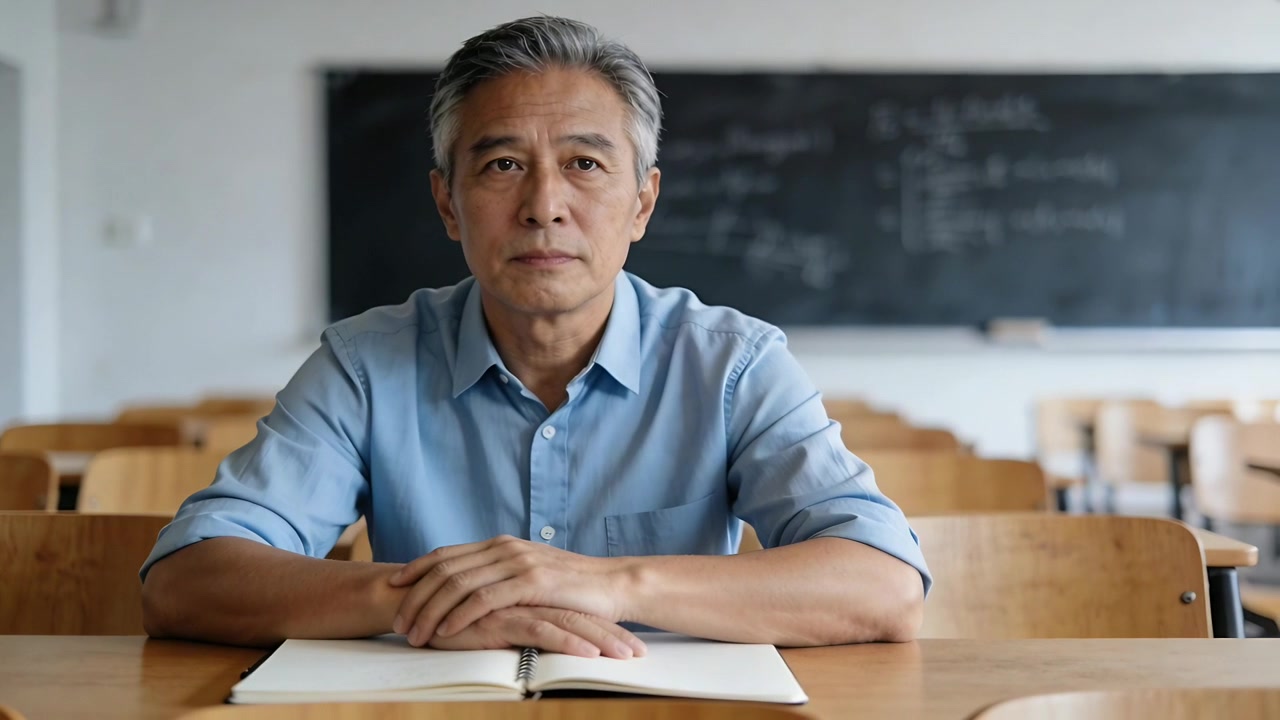 Dopo una pausa, uomo asiatico che prende appunti al banco di una classe con una penna, un quaderno aperto, indossando una camicia blu