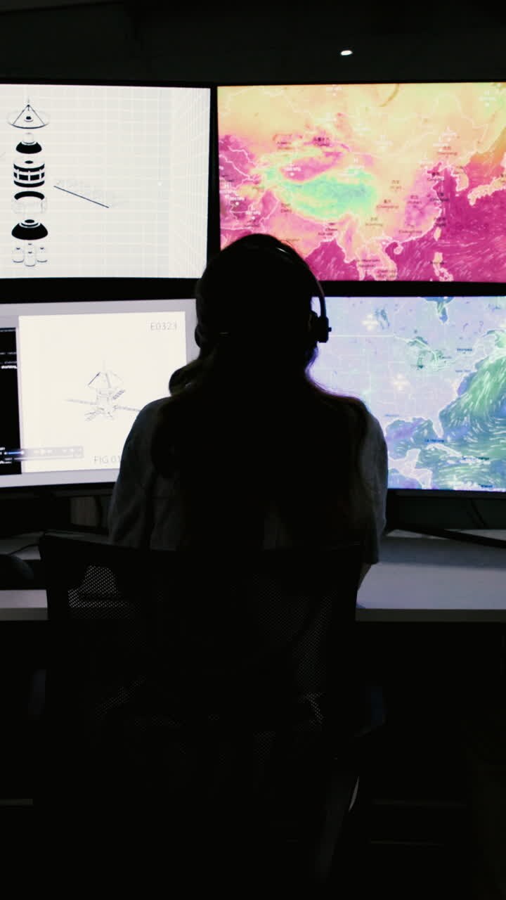 Donna che lavora nel centro di controllo missione analizzando dati su diversi schermi