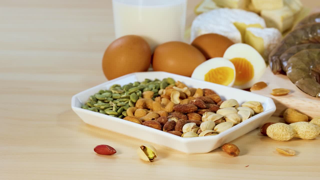 견과류, 달, 유제품 등 단백질이 풍부한 다양한 음식들이 나무 테이블 위에 예술적으로 배열되어 있습니다.