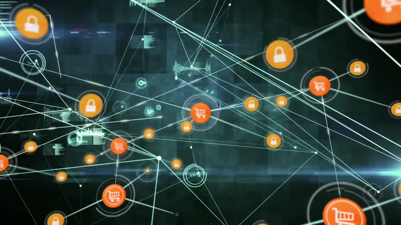 animación de redes de conexiones con iconos sobre fondo negro