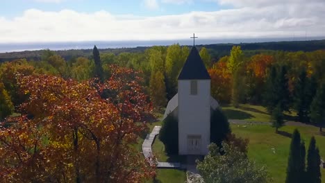 aerial view of church in autumn