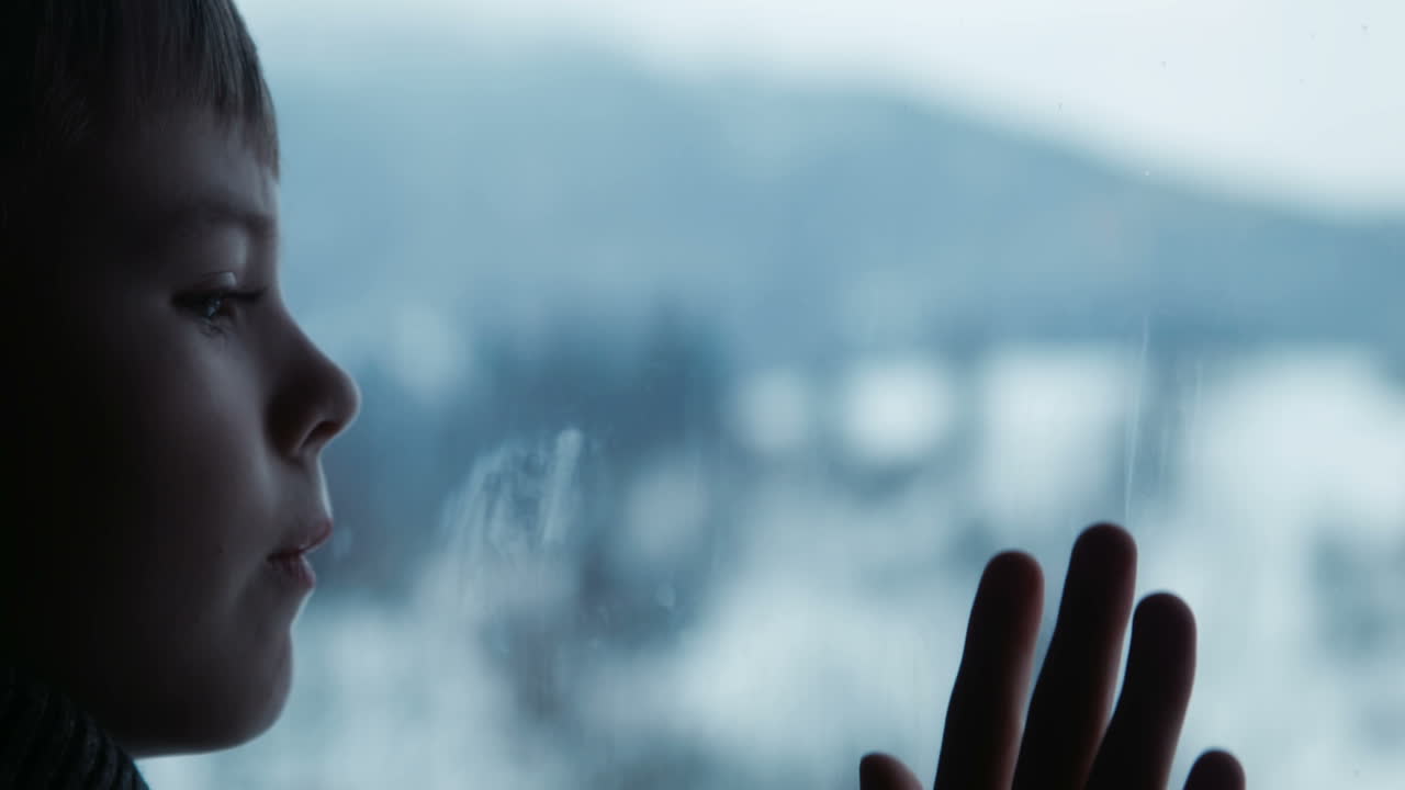 Boy Behind Window In Winter (Stock Footage)