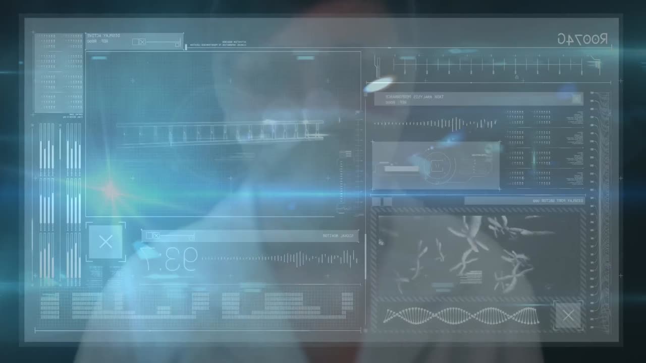 Animation of data processing over female caucasian doctor and screen on blue background