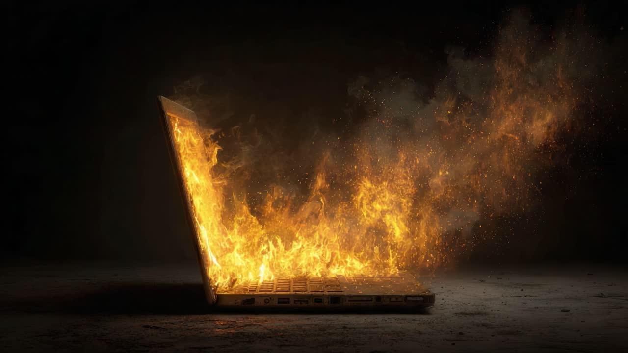 En bærbar computer opslugt af flammer, der skildrer det dramatiske øjeblik, hvor ild og røg kommer ud af den åbne skærm, hvilket skaber en stærk visuel metafor for ødelæggelse og hast.