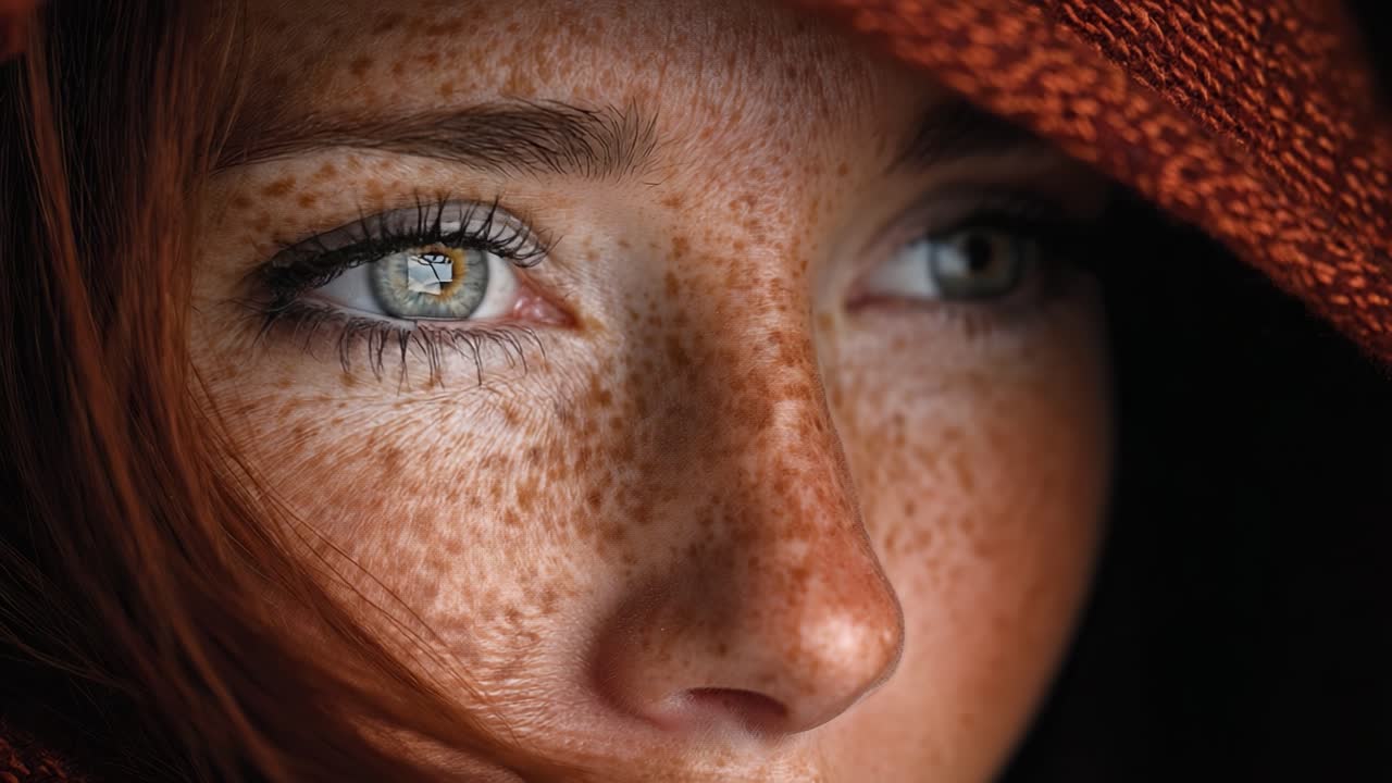 Ritratto ravvicinato di una giovane donna con lentiggini e occhi penetranti, avvolta in un indumento con cappuccio, che cattura la bellezza naturale e le emozioni intense.