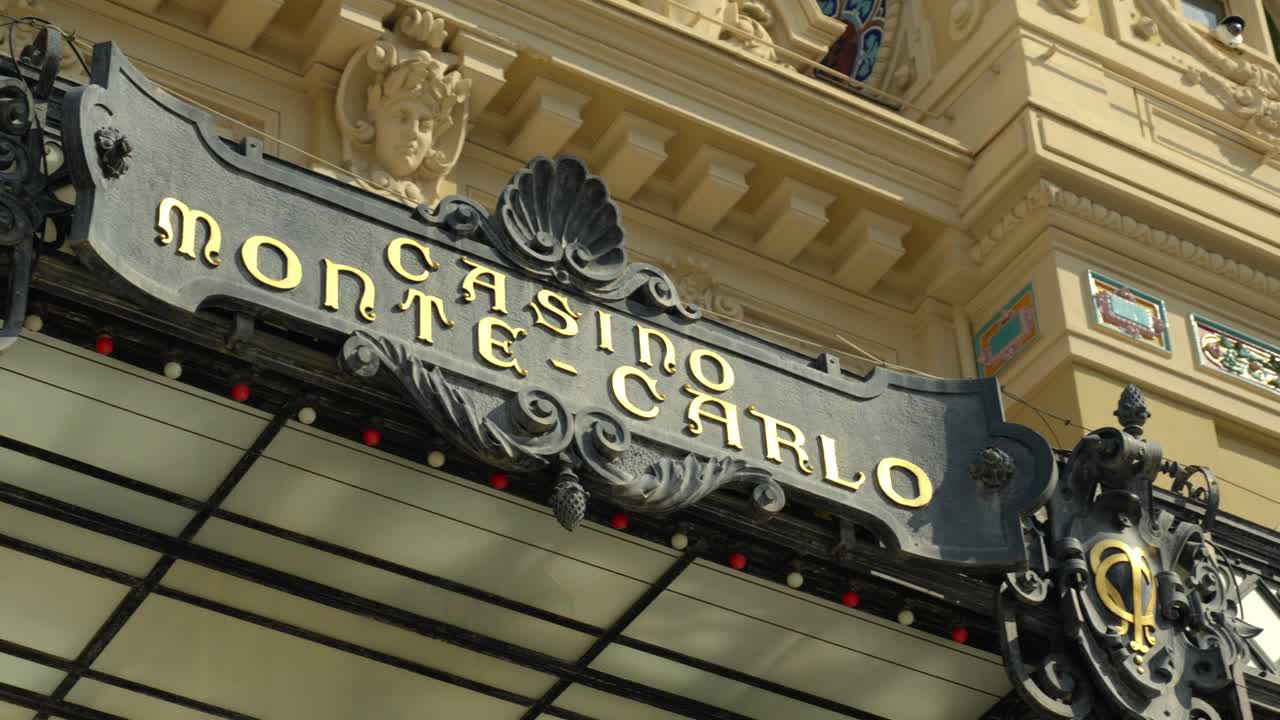 Slow revealing shot of the Monte Carlo Casino sign during the day