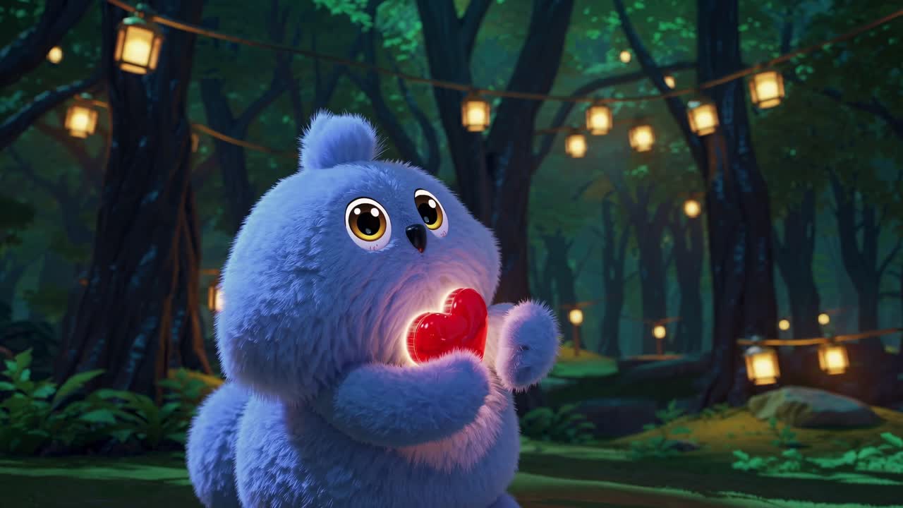 Fluffy CGI bunny is holding a glowing red heart in an enchanted forest illuminated by hanging lanterns, creating a heartwarming and magical atmosphere