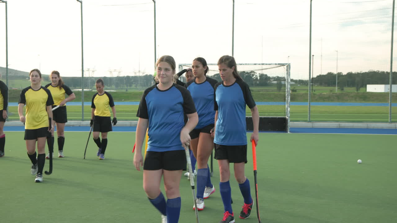 Female hockey team strategizing on field, preparing for competitive match