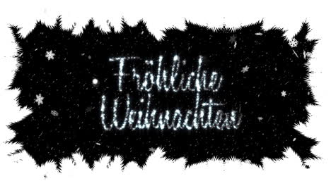 animación de texto de frohliche weihnachten y nieve cayendo sobre las ramas de los abetos