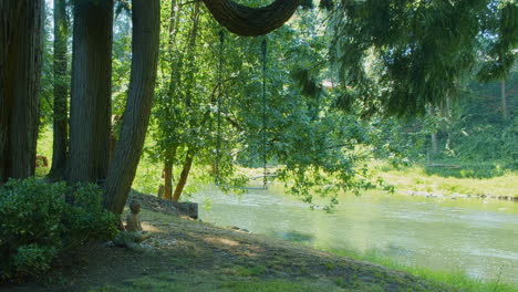 Columpio-De-árbol-Junto-Al-Río-Con-Una-Pequeña-Estatua-De-Buda