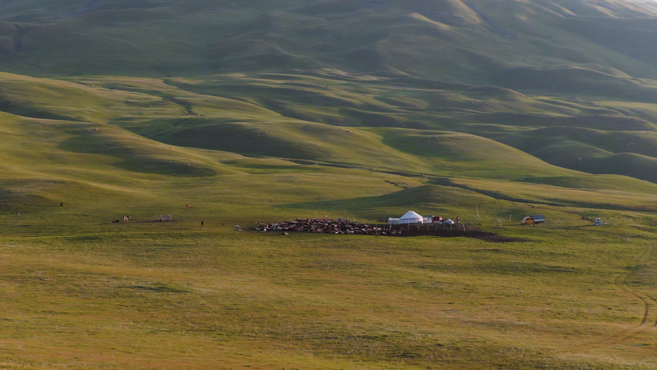 Traditional Nomadic Yurt In The Green Lush Remote Sary Jaz Valley In Kyrgyzstan. Aerial Shot