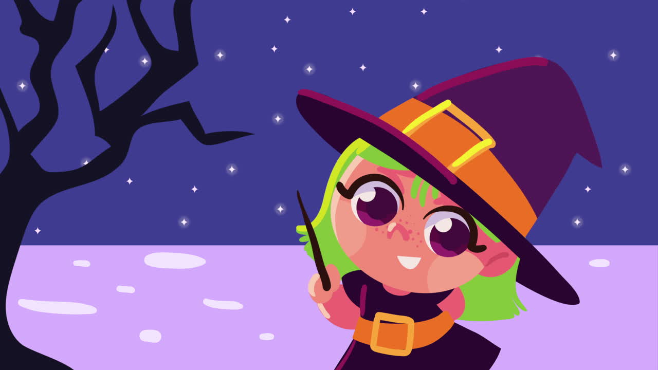 feliz animación de halloween con la pequeña bruja
