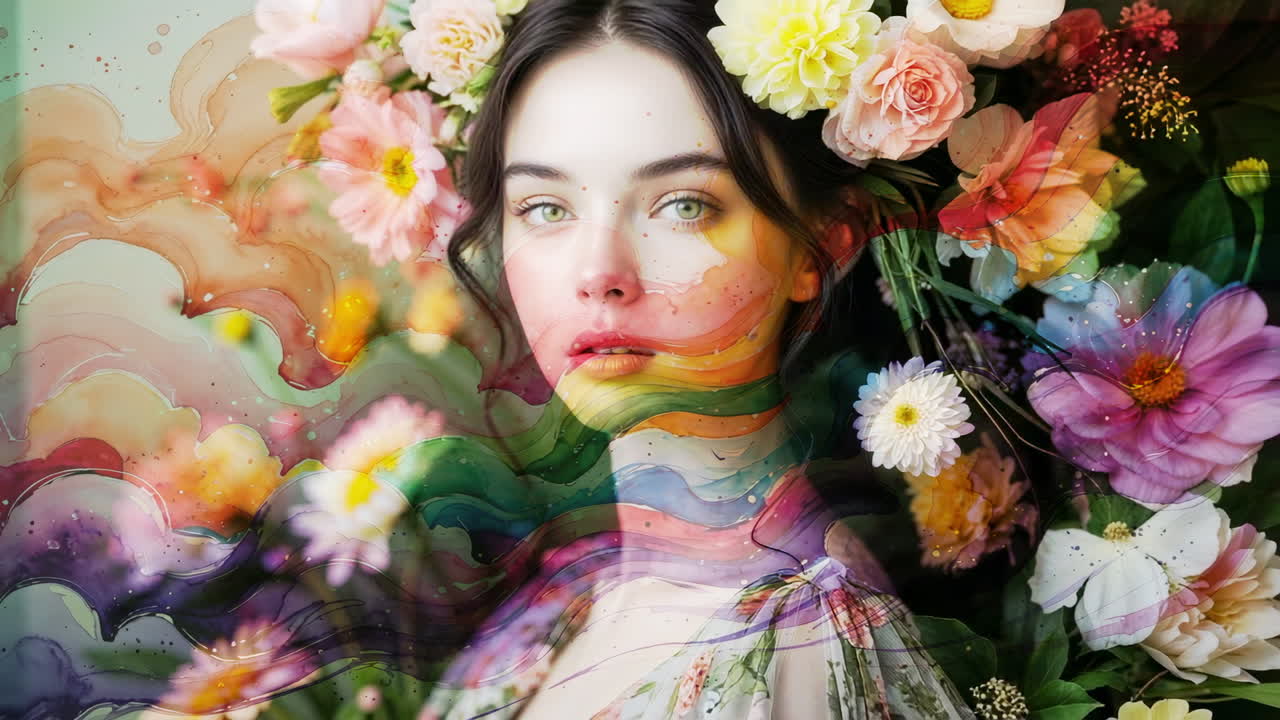 Artistic Portrait of a Woman with Flowers and Watercolor Overlay