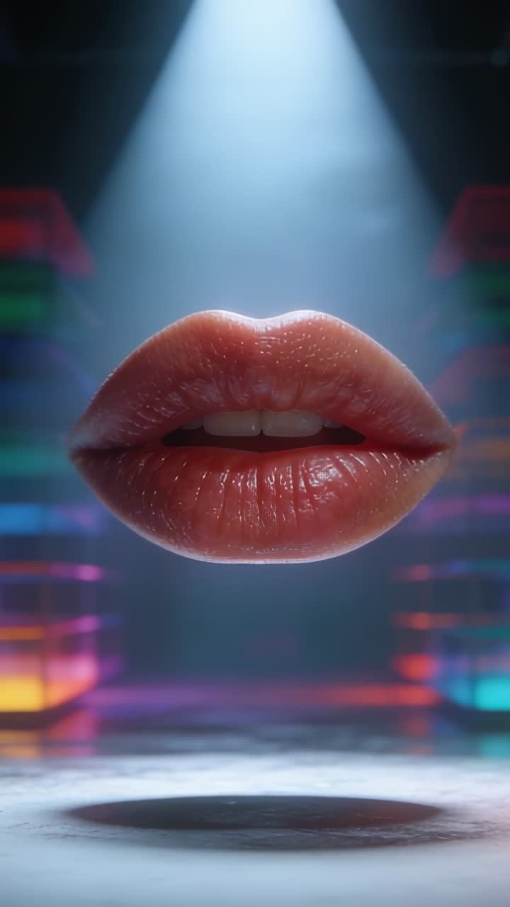 Labbra lucide fluttuanti che si muovono sotto una luce zenitale su un pavimento lucido, con barre al neon e un'ombra circolare