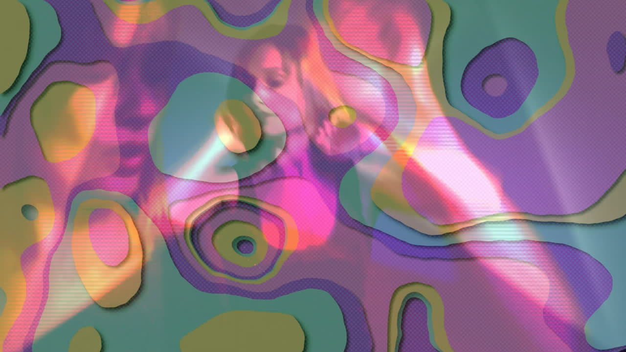 Person in school with hands covering face, colorful animation patterns overlaying