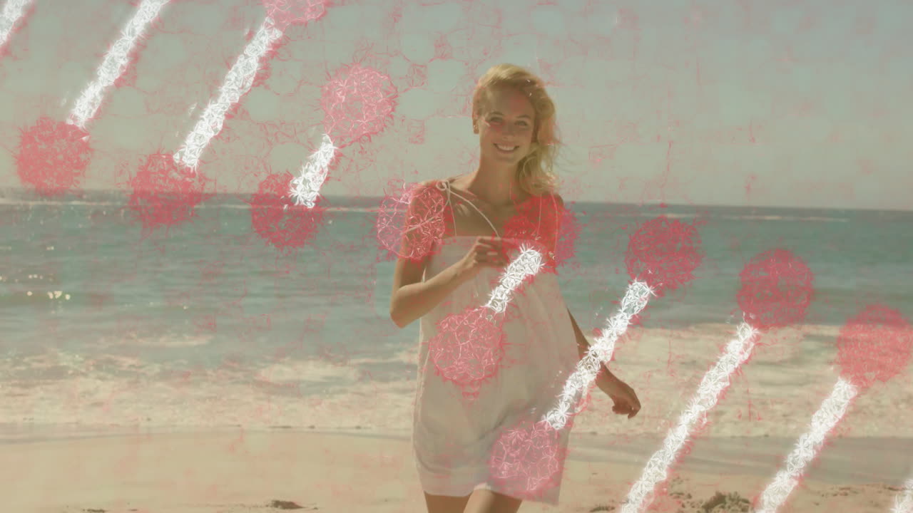 Walking on beach, woman with animation of red and white pattern overlay