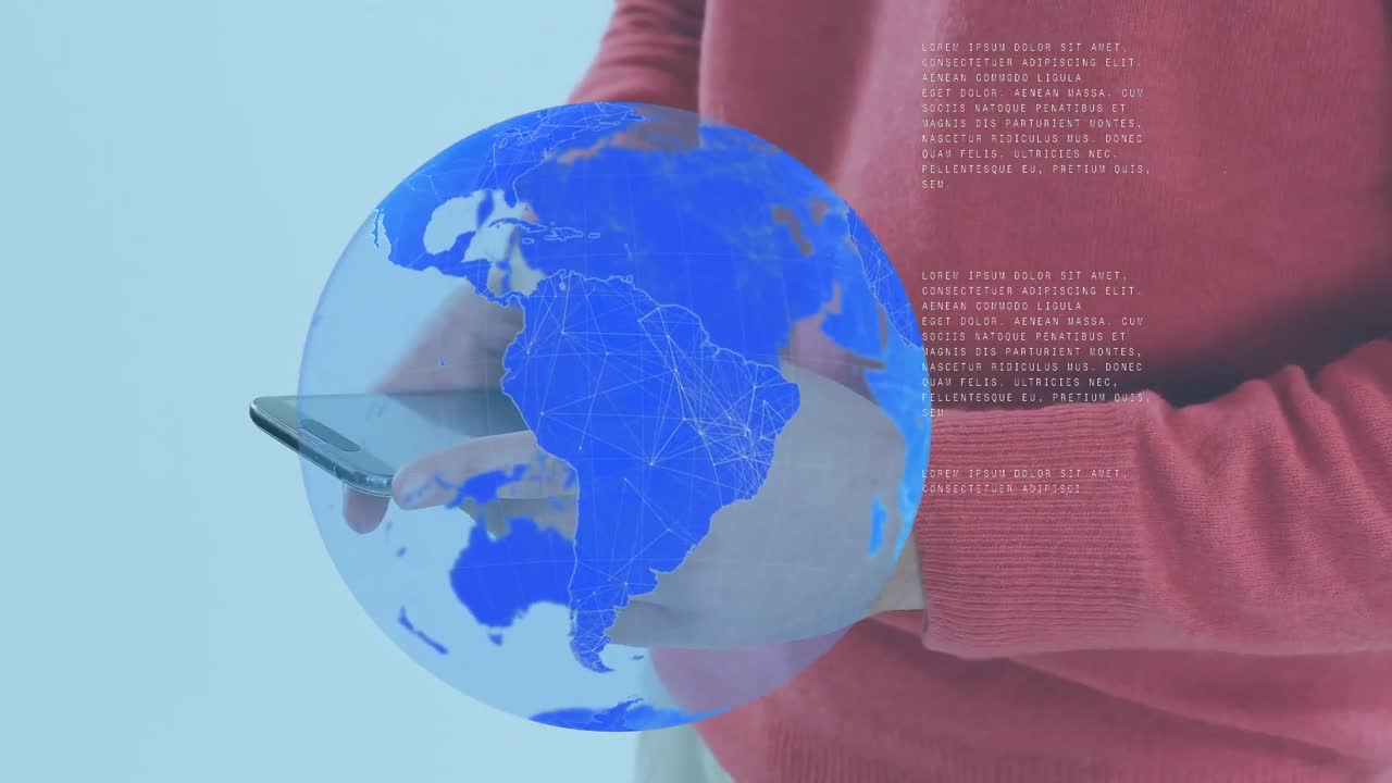 animación del procesamiento de datos sobre un empresario caucásico que usa un teléfono inteligente