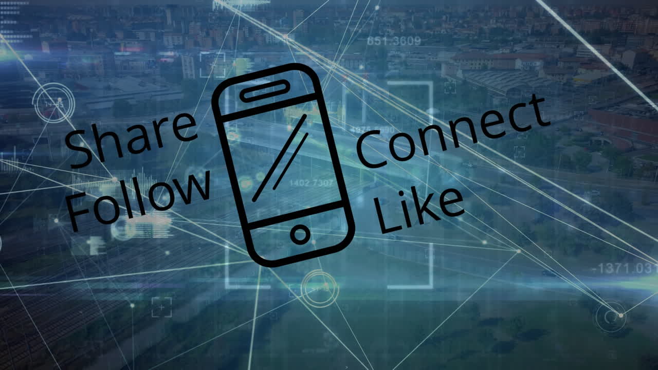 도시 풍경 위의 소셜 미디어 텍스트의 애니메이션