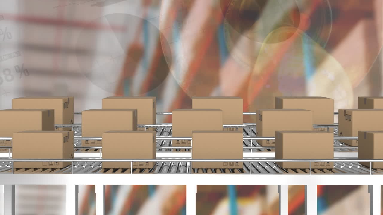 анимация обработки статистики над картонными коробками на конвейерных лентах
