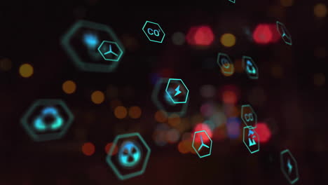 animation of eco icons data processing over out of focus city lights
