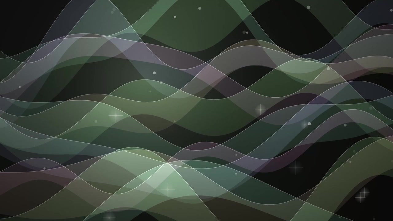 Smooth, elegant platinum and green curved waves flow continuously with subtle twinkling particles.