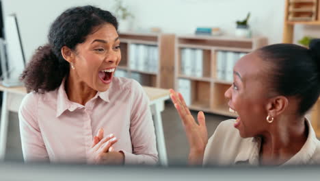 high five, computer and business women reading