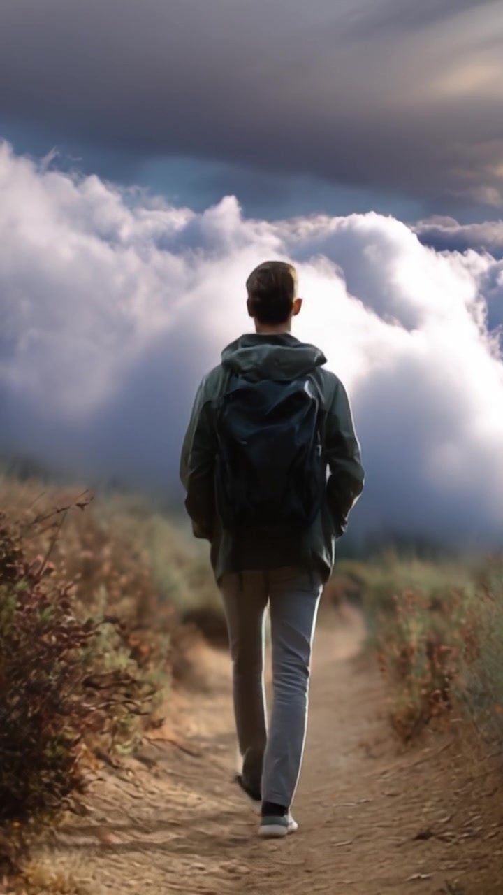 Una figura solitaria che cammina lungo un sentiero panoramico, circondata da nuvole meravigliose e dalla natura, che rappresenta viaggio, esplorazione e crescita personale.