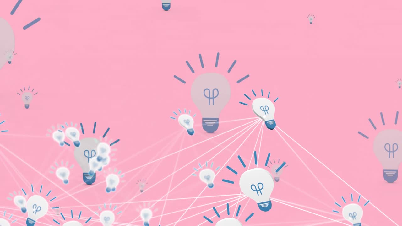Animation of network of connections with light bulbs on pink background