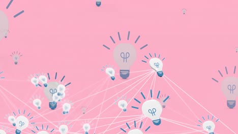 Animation-of-network-of-connections-with-light-bulbs-on-pink-background