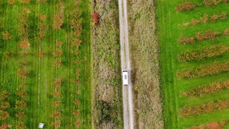 Aerial-look-down-to-white-van-on-gravel-road