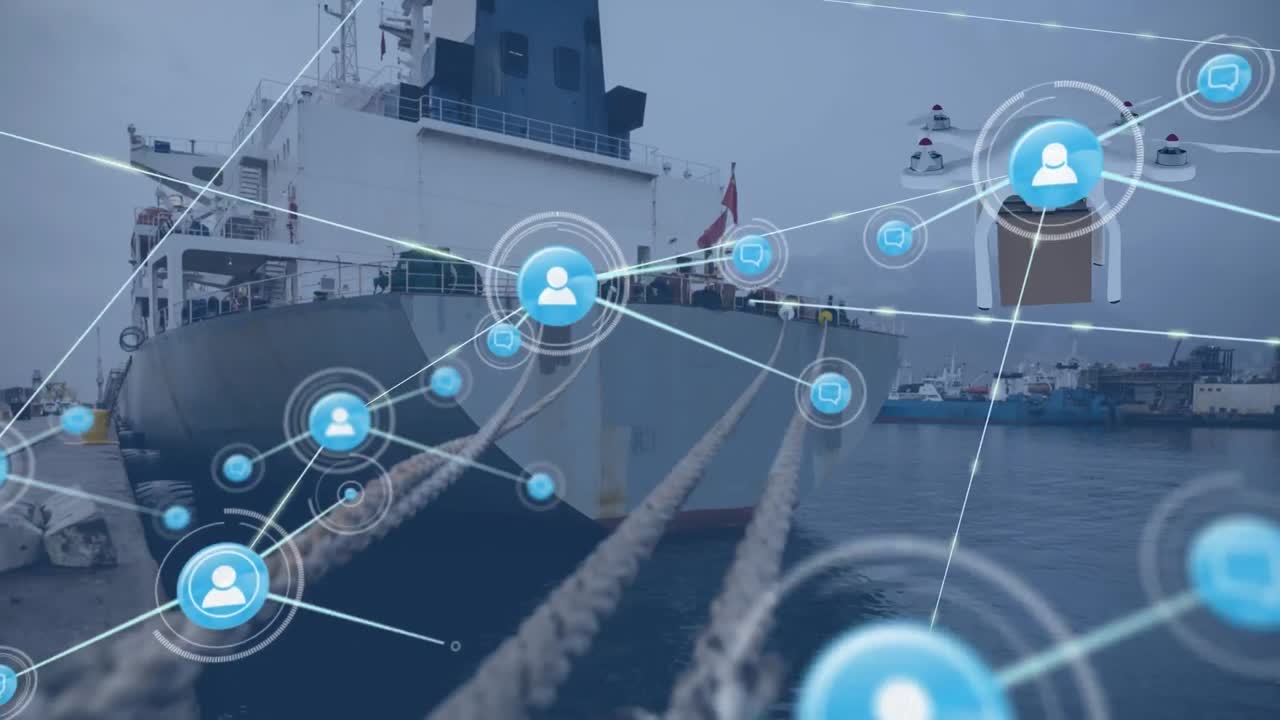 항구 위의 아이콘과 함께 연결 네트워크와 디지털 드론의 애니메이션