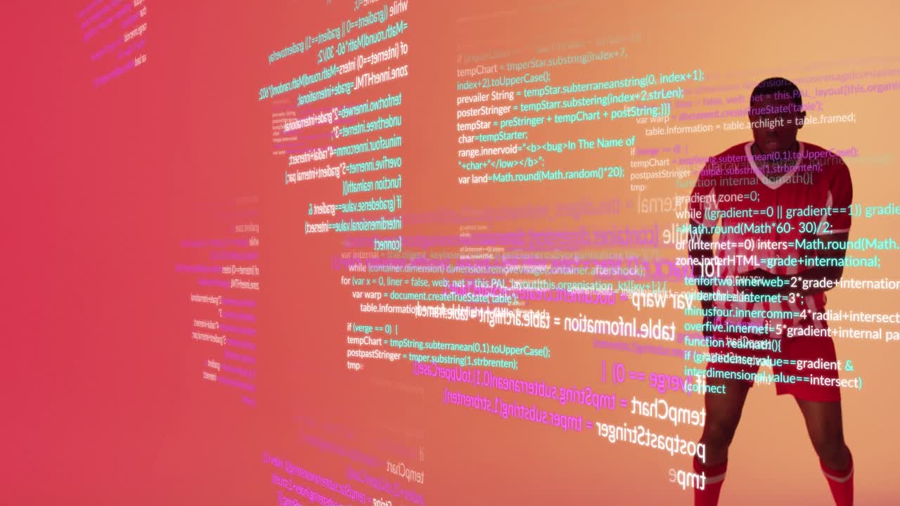 Animation of african american male soccer player over data processing