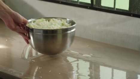 bowl of chopped cabbage on the table. - closeup shot