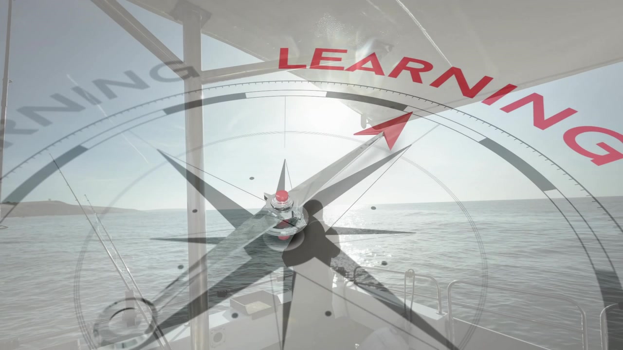 Man aligning stance on boat bow while compass graphic fading in and needle rotating toward learning