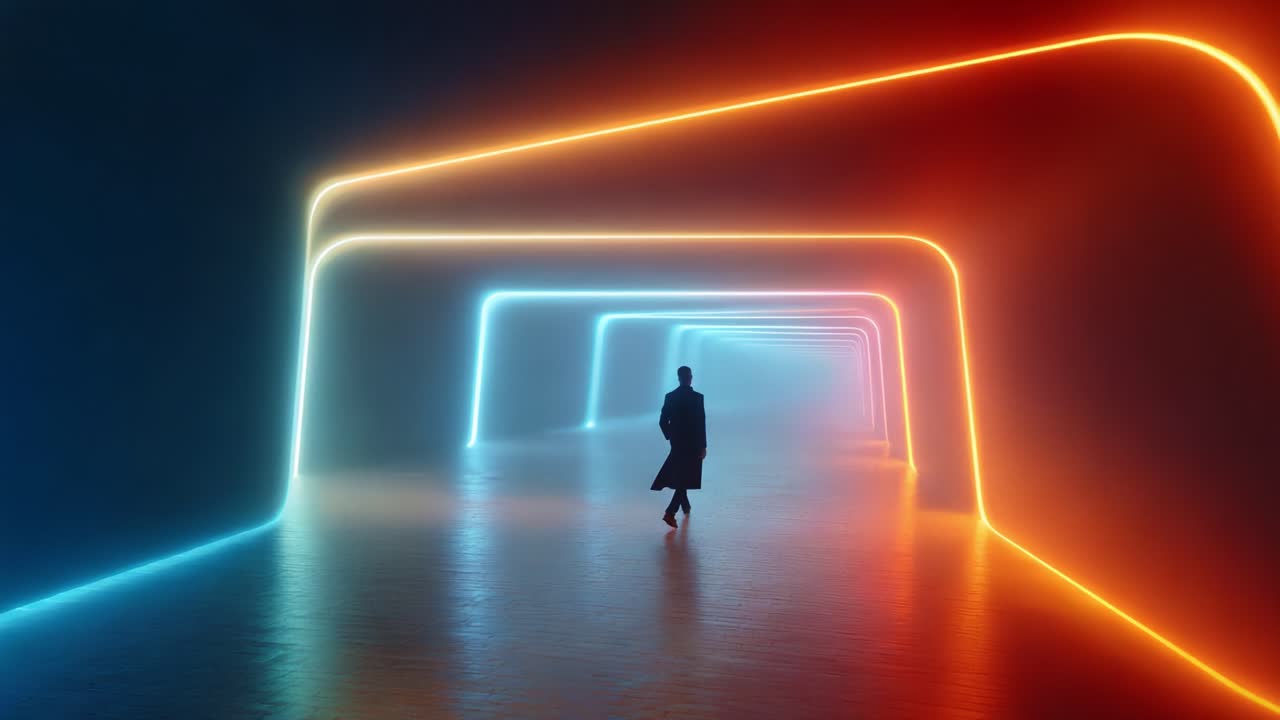 A solitary figure walks through a mesmerizing neon-lit corridor, illuminated by vibrant colors that contrast with the dark surroundings, evoking a sense of mystery and exploration