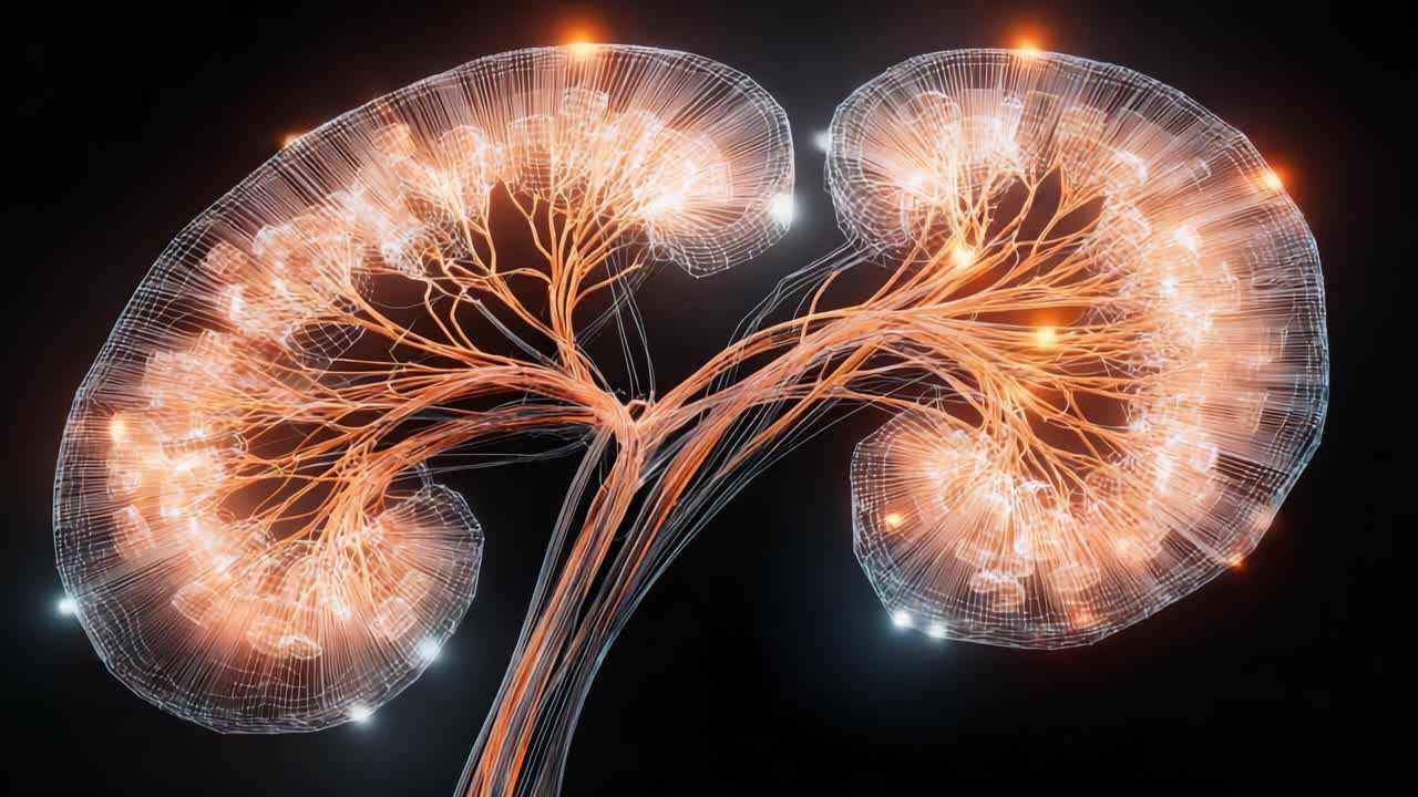 An Intricate Visualization of Human Kidneys Showcasing an Electrifying Network of Neural Connections and Brightly Illuminated Pathways in a Stunning Digital Art Form