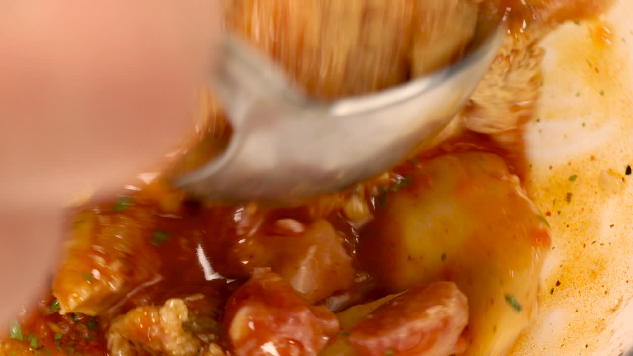 macro shot de cuchara mezcla callos callos plato español