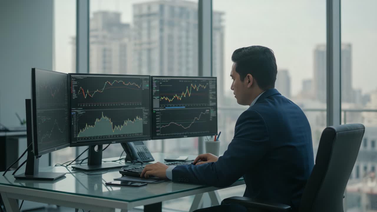Professional Male Trader Analyzing Financial Data on Dual Monitors in Modern Office with Cityscape Background