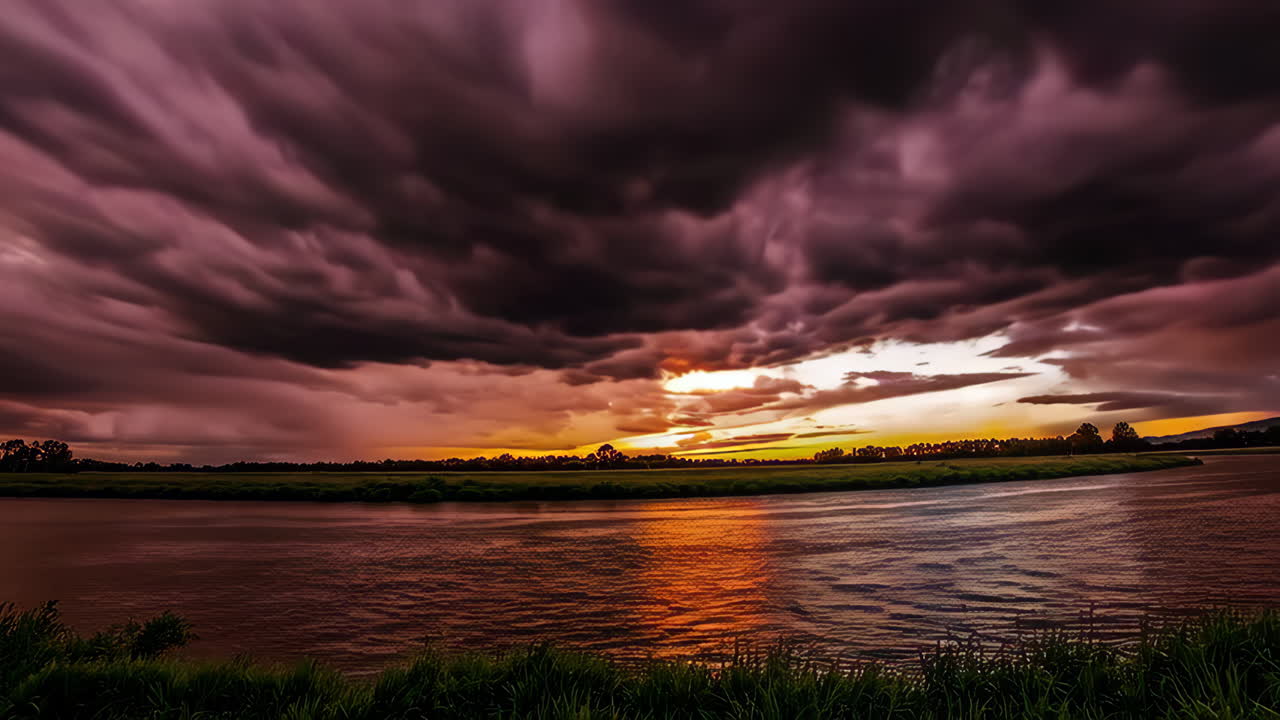 Dramatic Sunset Over a River with Storm Clouds