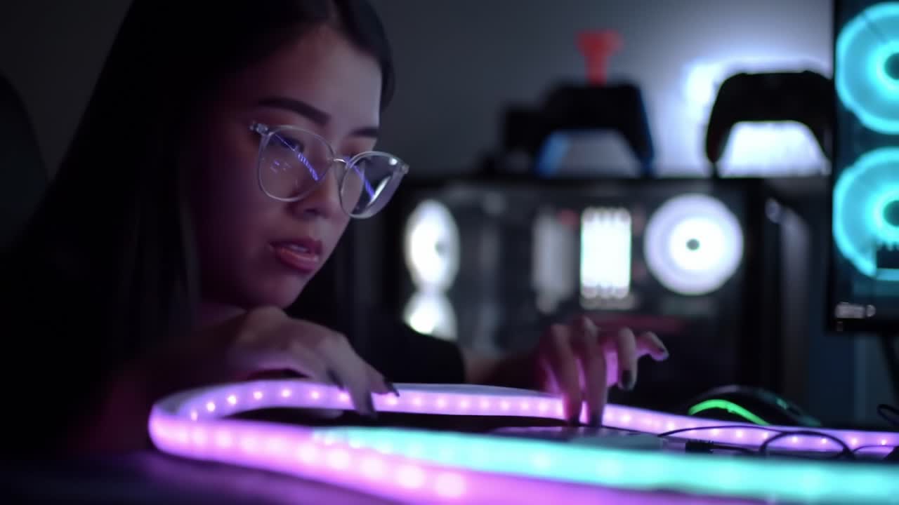 A Young Woman Engaged in Creative LED Light Designing, Showcasing Her Skills and Passion for Tech in a Well-Equipped Gaming Workspace Enhancing Visual Aesthetics