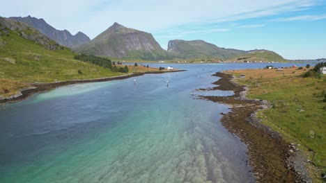 Water-Stream-Currents-in-Nesstraumen,-Lofoten-Islands,-Norway---Aerial-4k-Pedestal