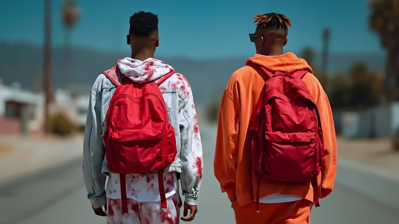 Two men walking down a street with backpacks on their backs