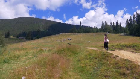 Mujer-Caminando-En-Piatra-Craiului,-País-De-Brasov,-Rumania,-Transilvania-4k