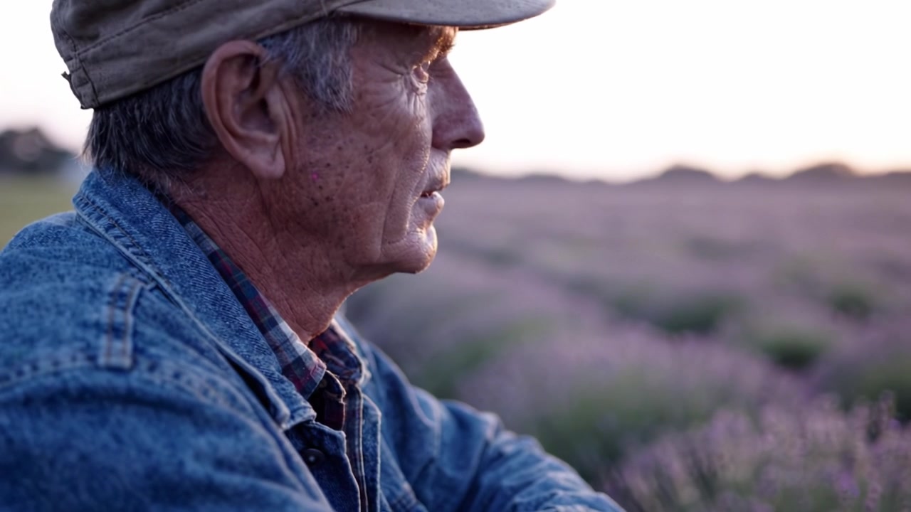 Un momento di riflessione: un uomo anziano contempla la vita mentre si appoggia a una staccionata di legno, circondato da un campo di lavanda, durante un tramonto sereno