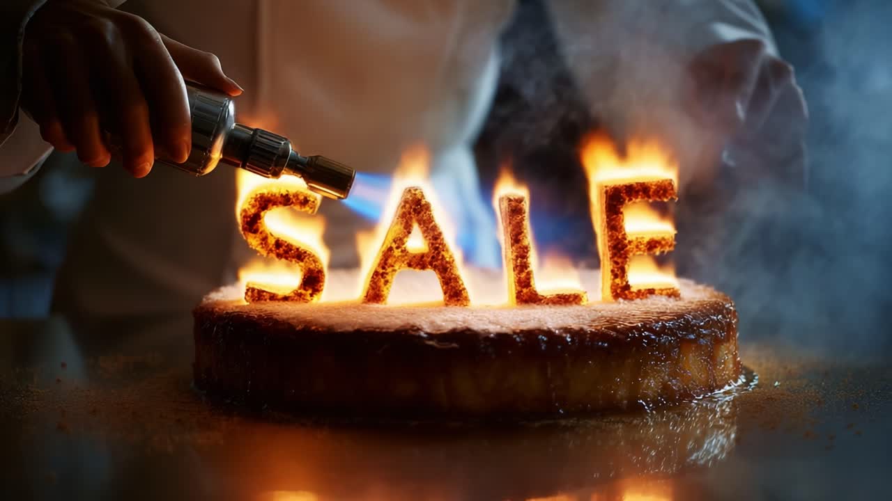 A dynamic culinary scene showcasing the art of flambé as a chef uses a torch to create a visually stunning dessert centerpiece marked with fiery letters spelling 'SALE'