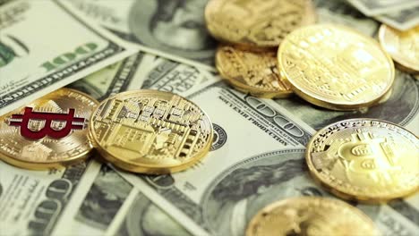 gold bit coin btc coins and dollar bills.